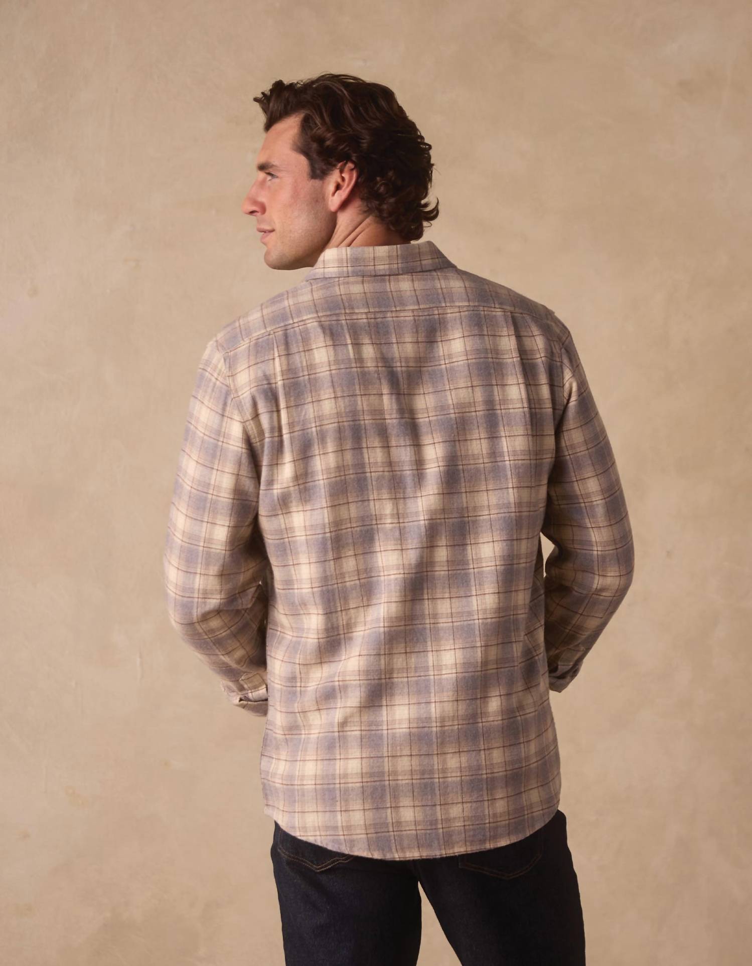 The Normal Brand Hudson Double Brushed Flannel Shirt in cream plaid - men's long sleeve top - alternate view