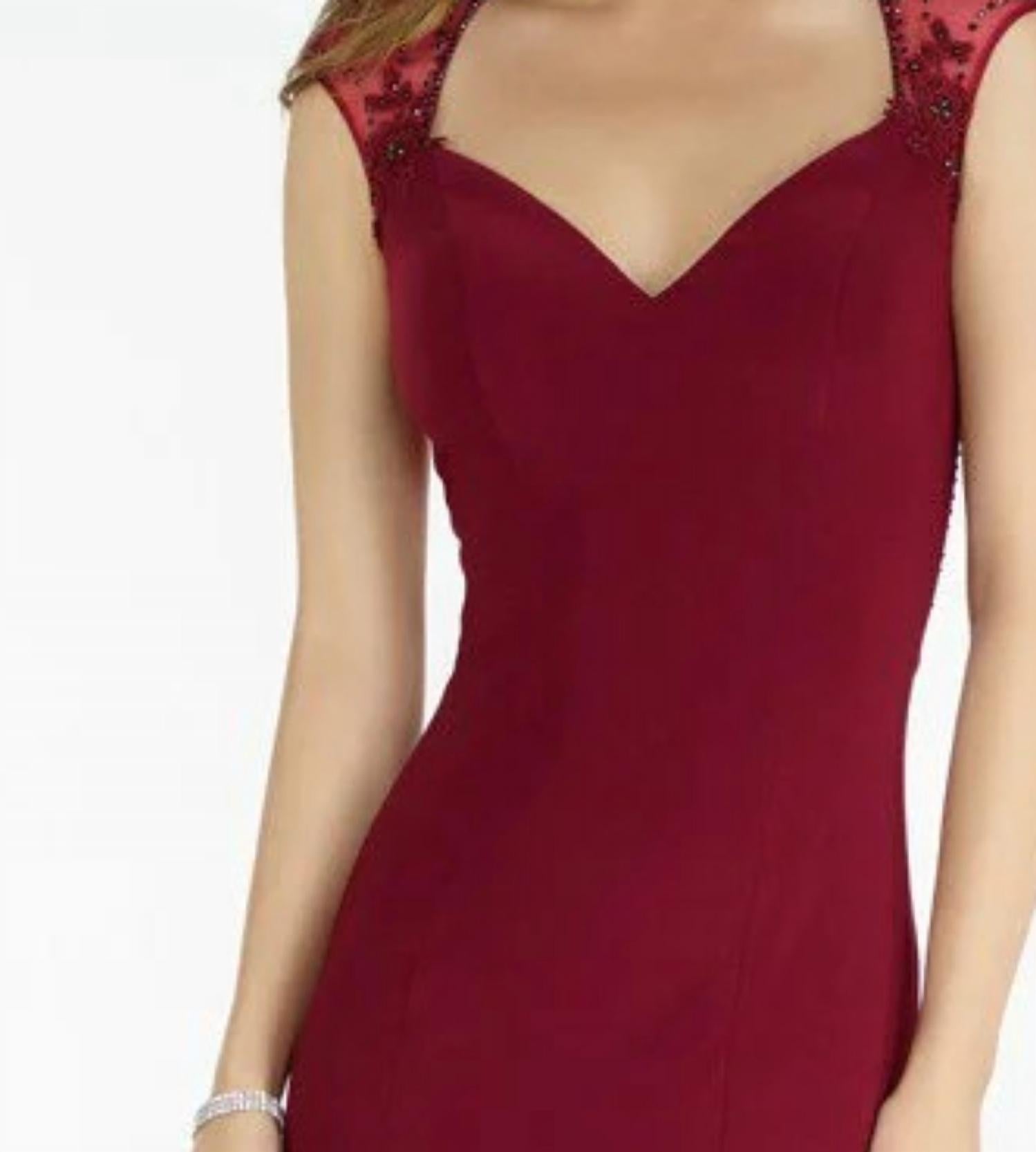 ALYCE PARIS Sheer Lace Back Long Jersey Gown in burgundy - women's dress - detail view