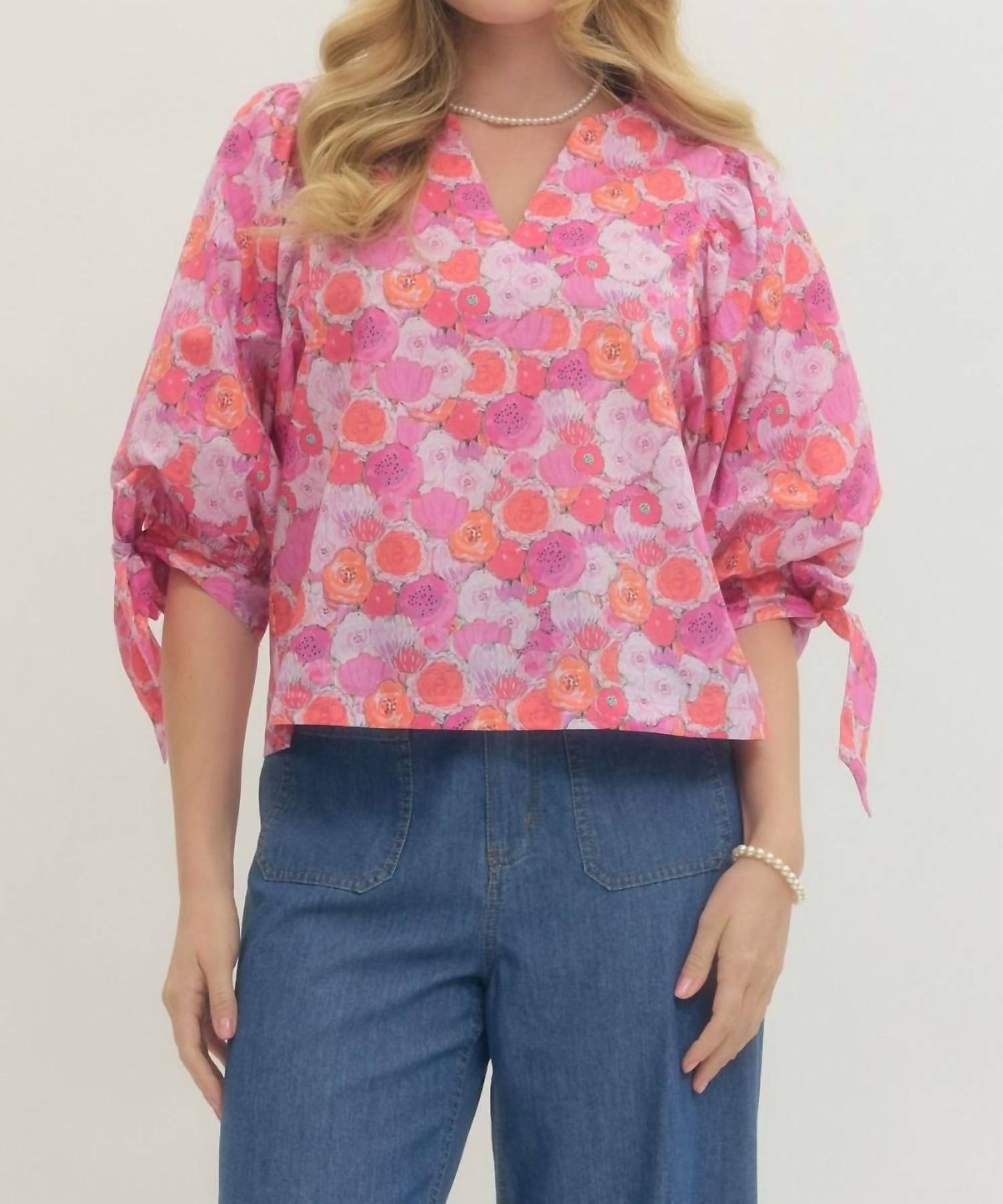 Entro - Poppy Print Tie Blouse