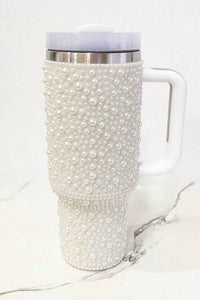 Nash Grey - Women's Pearl Studded Stainless Steel Tumbler With Handle - 40 Oz
