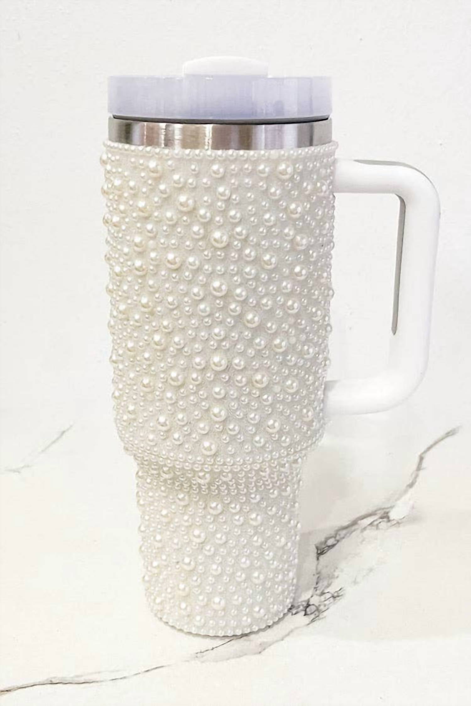 Nash Grey - Women's Pearl Studded Stainless Steel Tumbler With Handle - 40 Oz