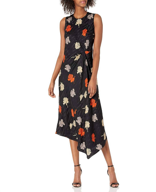 Theory - Draped Tuck Silk Carnation Midi Floral Dress