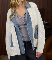 Blu Pepper Cable Knit With Denim Detail Sweater Jacket in cream - women's jacket - view 4