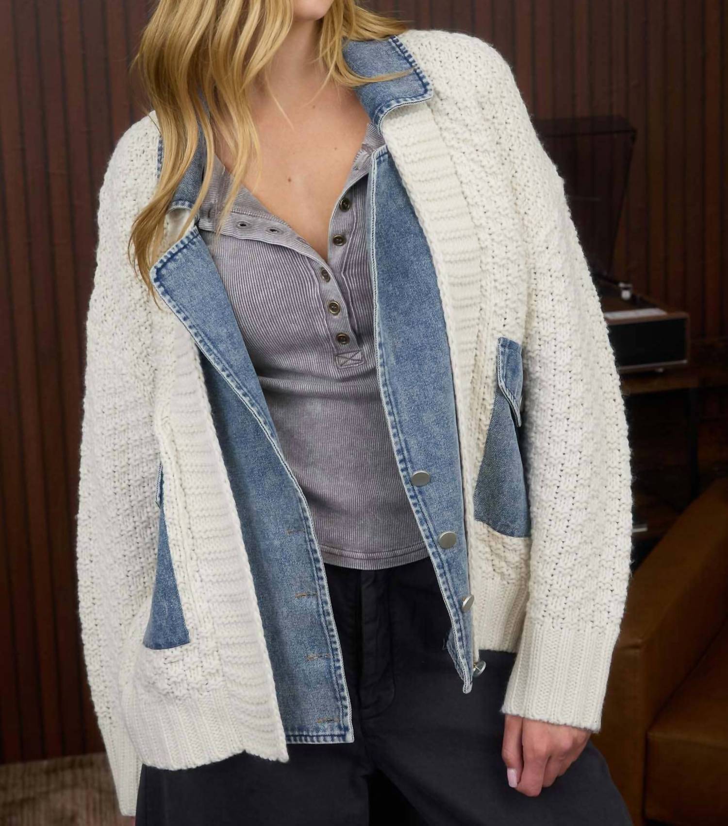 Blu Pepper Cable Knit With Denim Detail Sweater Jacket in cream - women's jacket - view 4