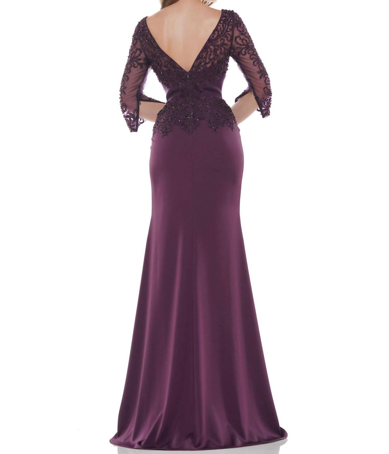 COLORS DRESS Fit & Flare 3/4 Sleeve Gown in eggplant - women's dress - detail view