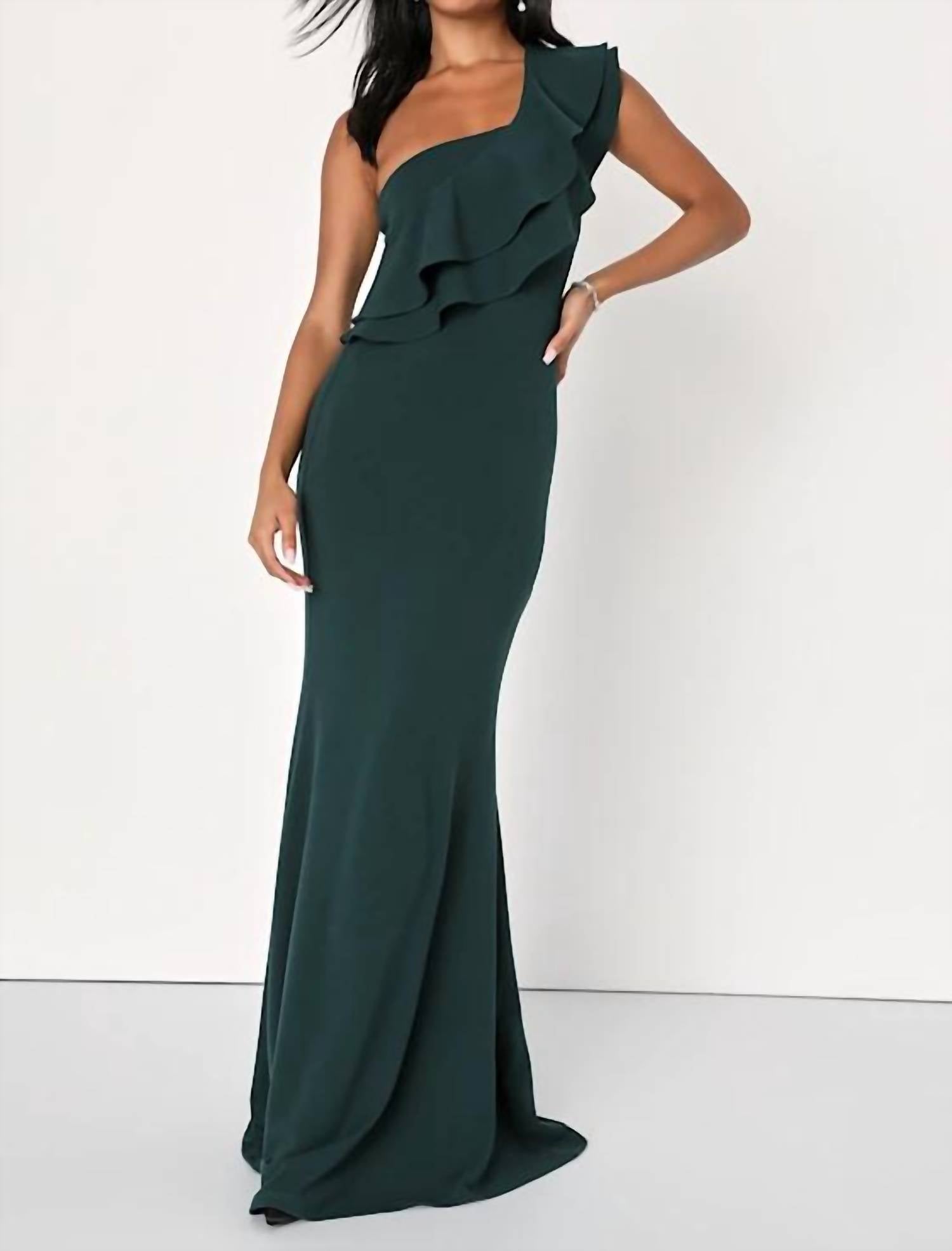 Lulus Grand Beauty Ruffled One-shoulder Mermaid Maxi Dress in emerald - women's dress