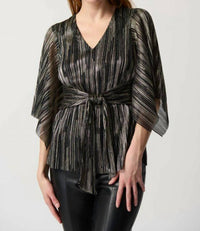 Joseph Ribkoff - Pleated Foil Knit Top With Shirred Waist And Sash