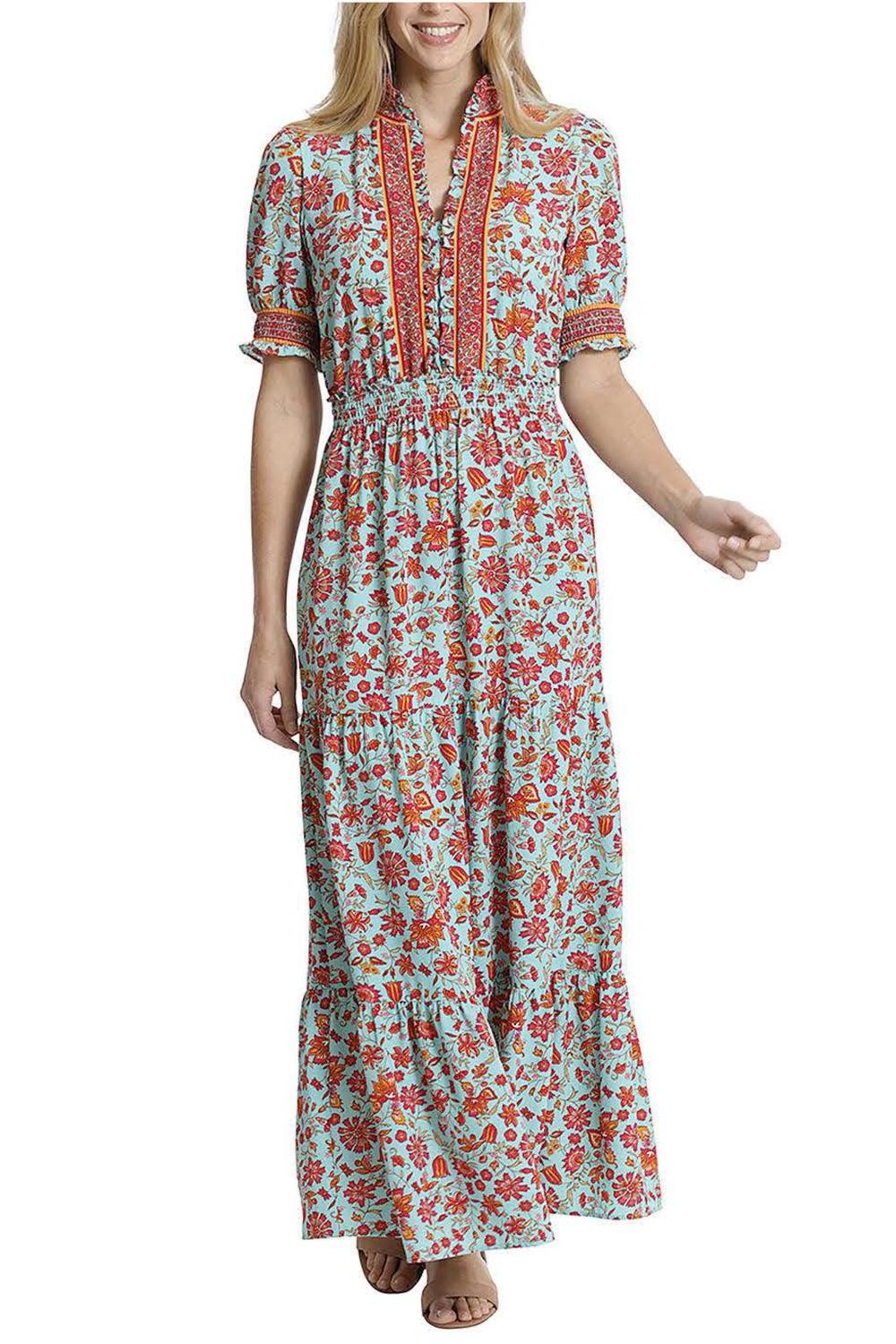 London Times - Smocked Waist Floral Print Maxi Dress