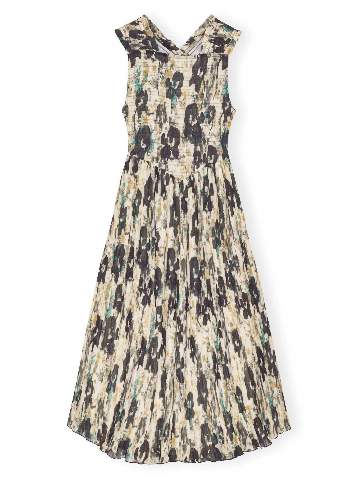 Ganni - Printed Pleats Smock Midi Straps Dress