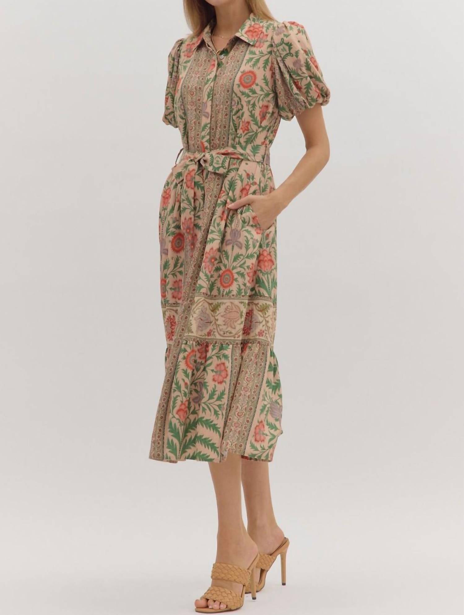 entro Botanical Print Puff Sleeve Midi Dress in natural multi - women's dress - detail view