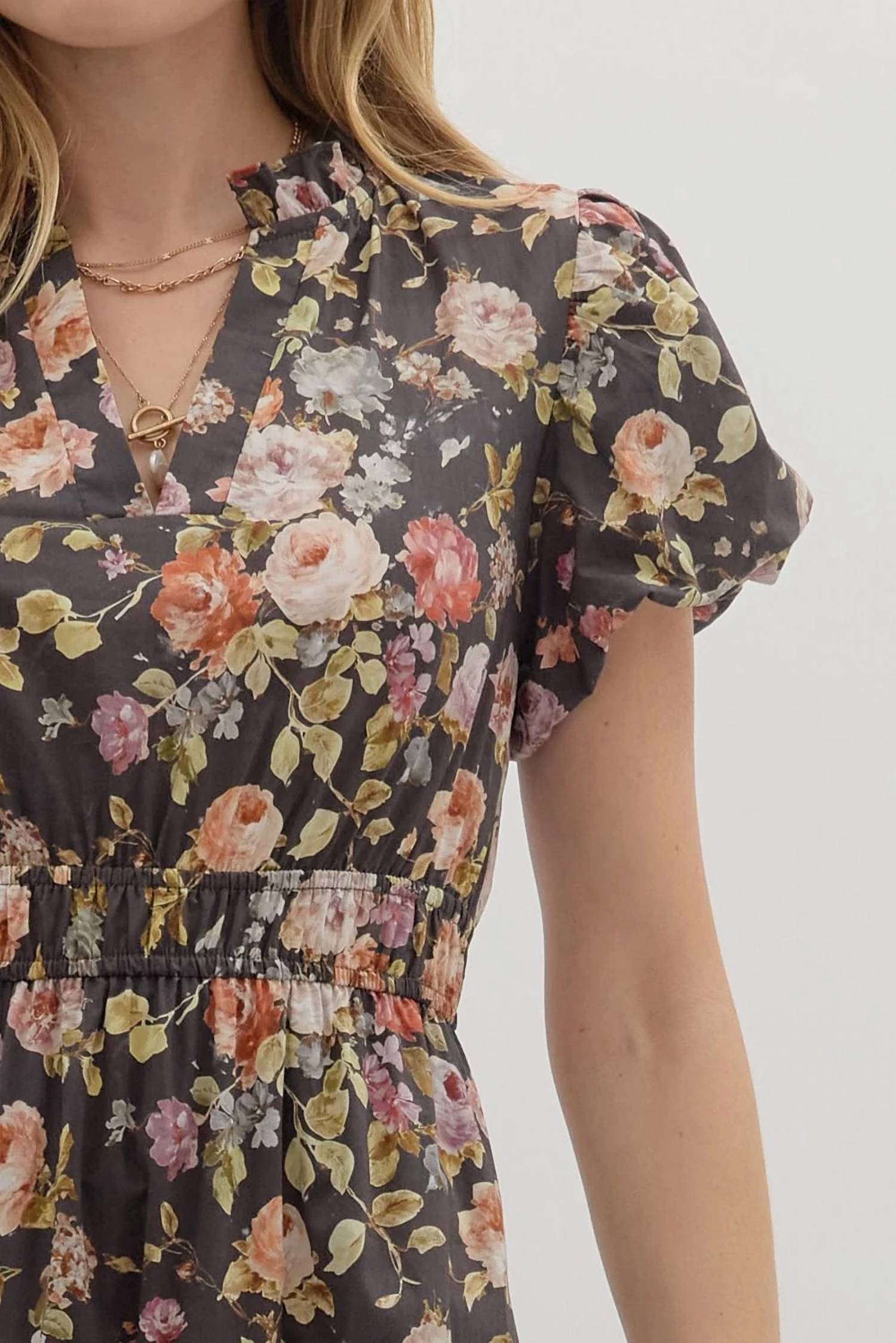 Entro - Women's Floral Puff Sleeve Midi Dress