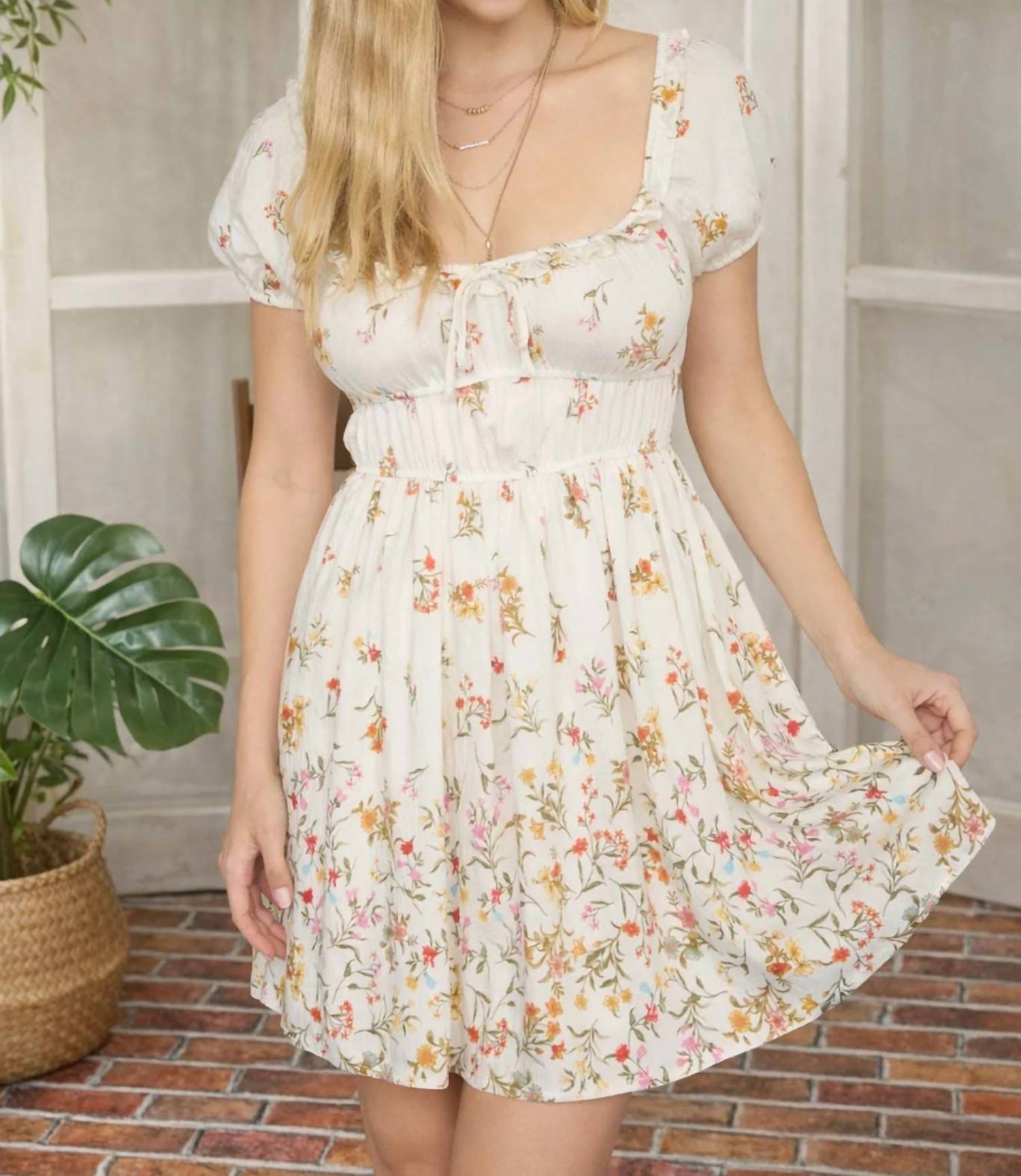 Blu Pepper - Gradient Floral Front Tie Puff Sleeve Dress
