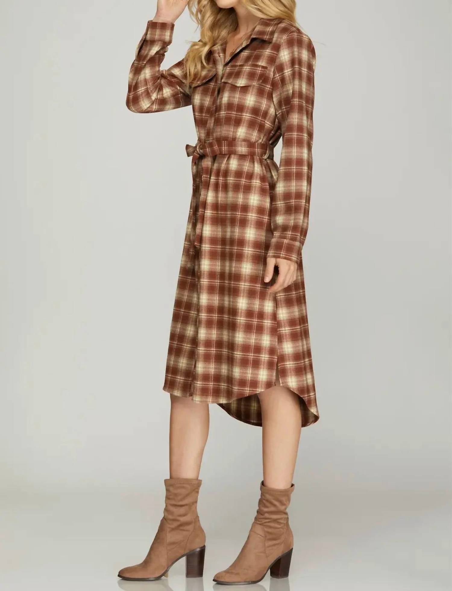 SHE + SKY Long Sleeve Midi Shirt Dress in chestnut plaid - women's dress - detail view
