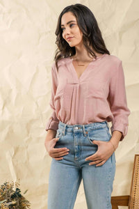 Blu Pepper - Split Neck Back Button Three Quarter Tab Sleeve Top