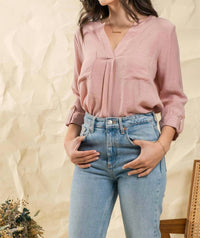 Blu Pepper - Split Neck Back Button Three Quarter Tab Sleeve Top