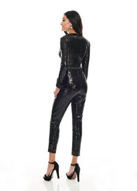 Rachel Allan - Sequined Plunging Tuxedo Jumpsuit