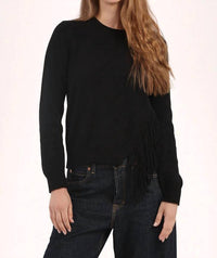 Minnie Rose Cotton Cashmere Fringe Trim Sweater in black - women's sweater