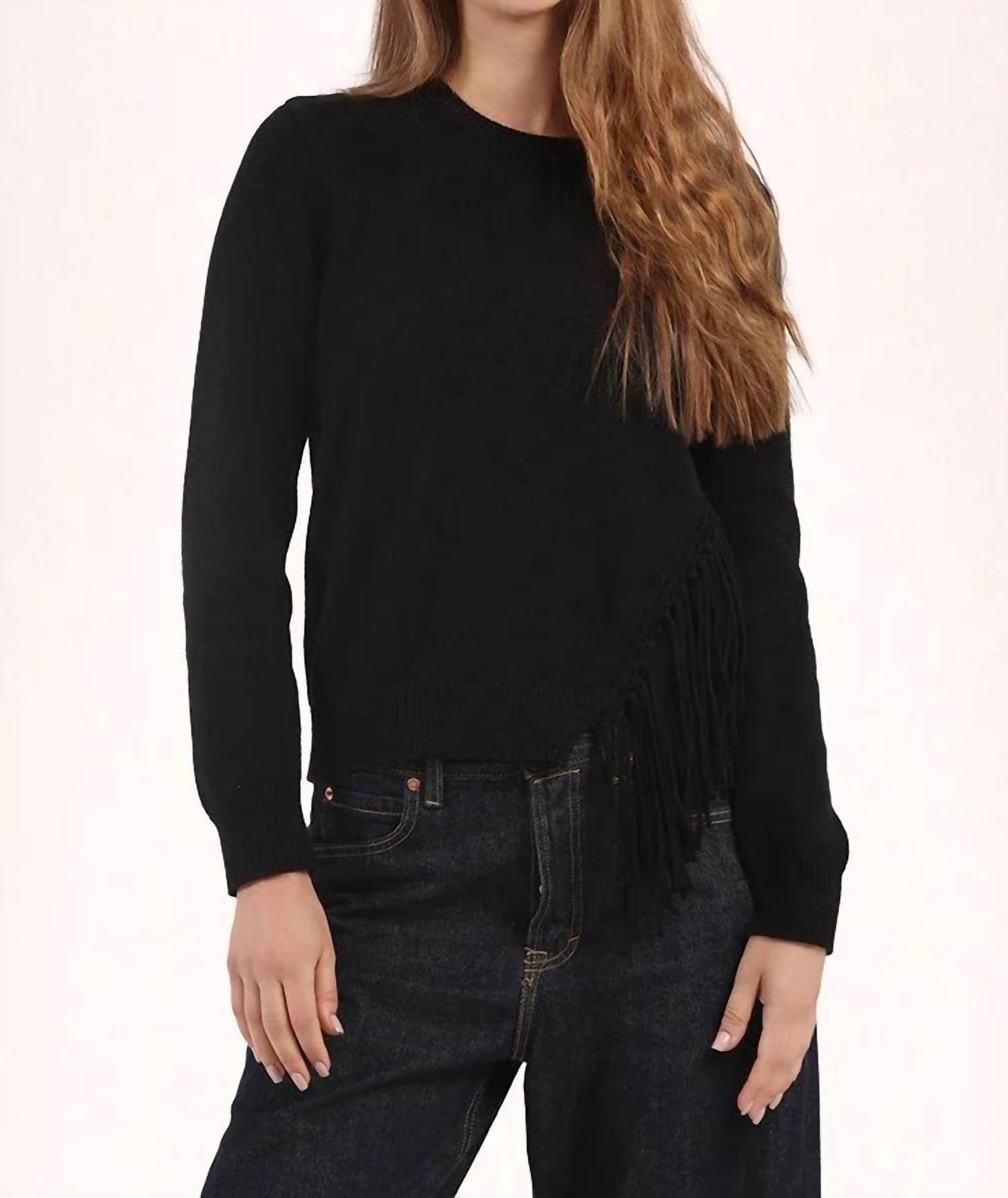 Minnie Rose Cotton Cashmere Fringe Trim Sweater in black - women's sweater