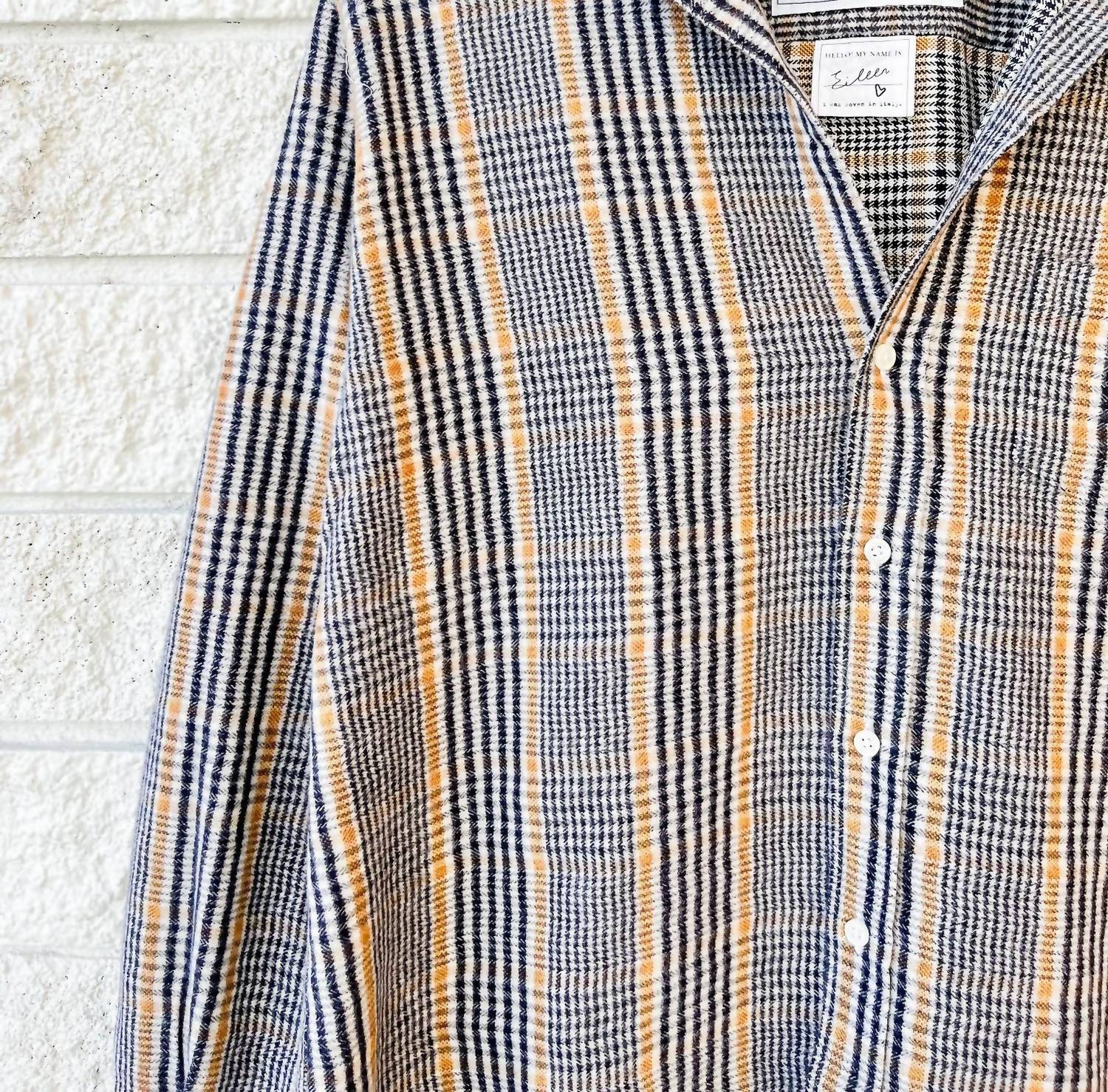 Frank & Eileen Relaxed Long Sleeve Button-up Shirt in camel and black plaid - women's shirt - detail view