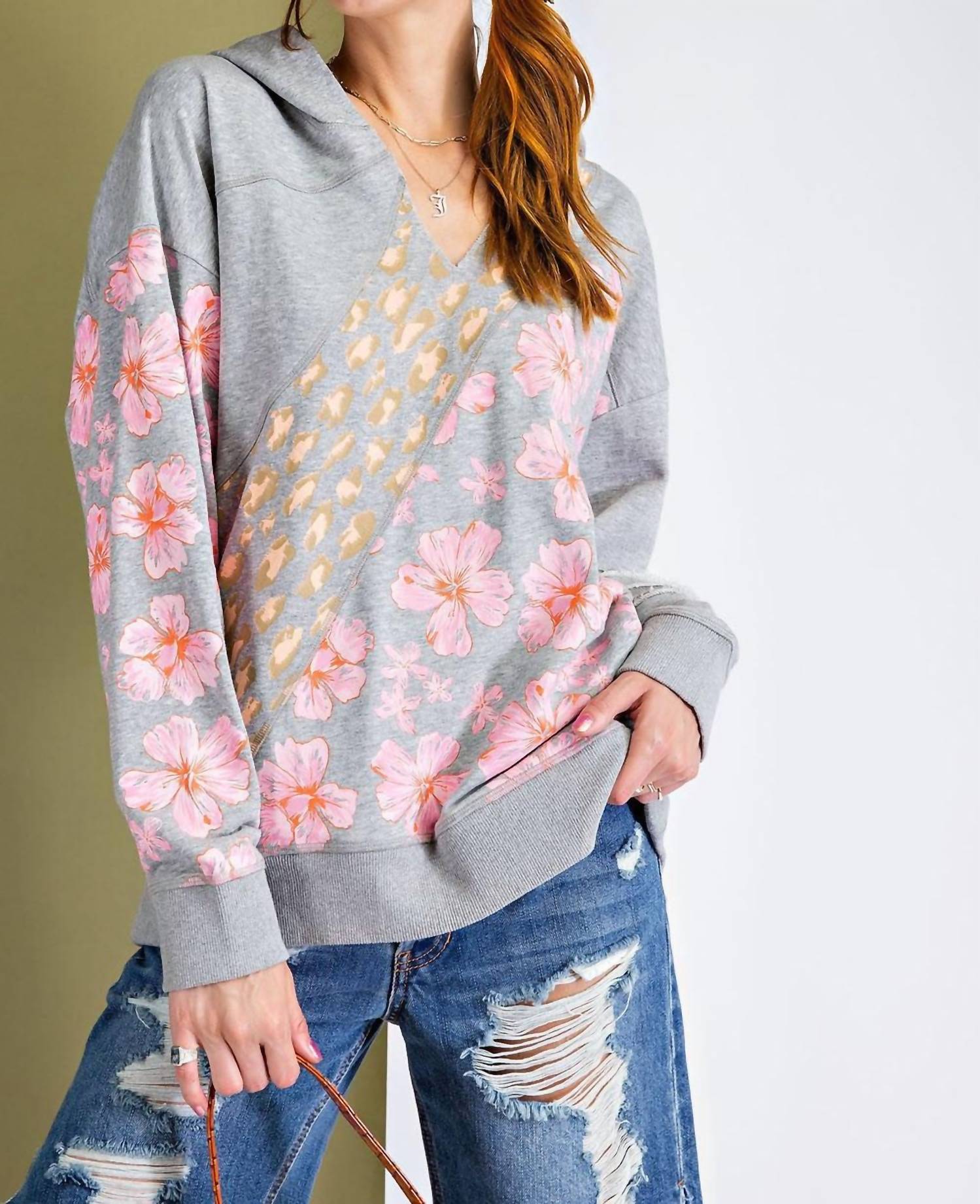 Easel Mix Print Terry Pullover Hoodie in heather grey - women's top