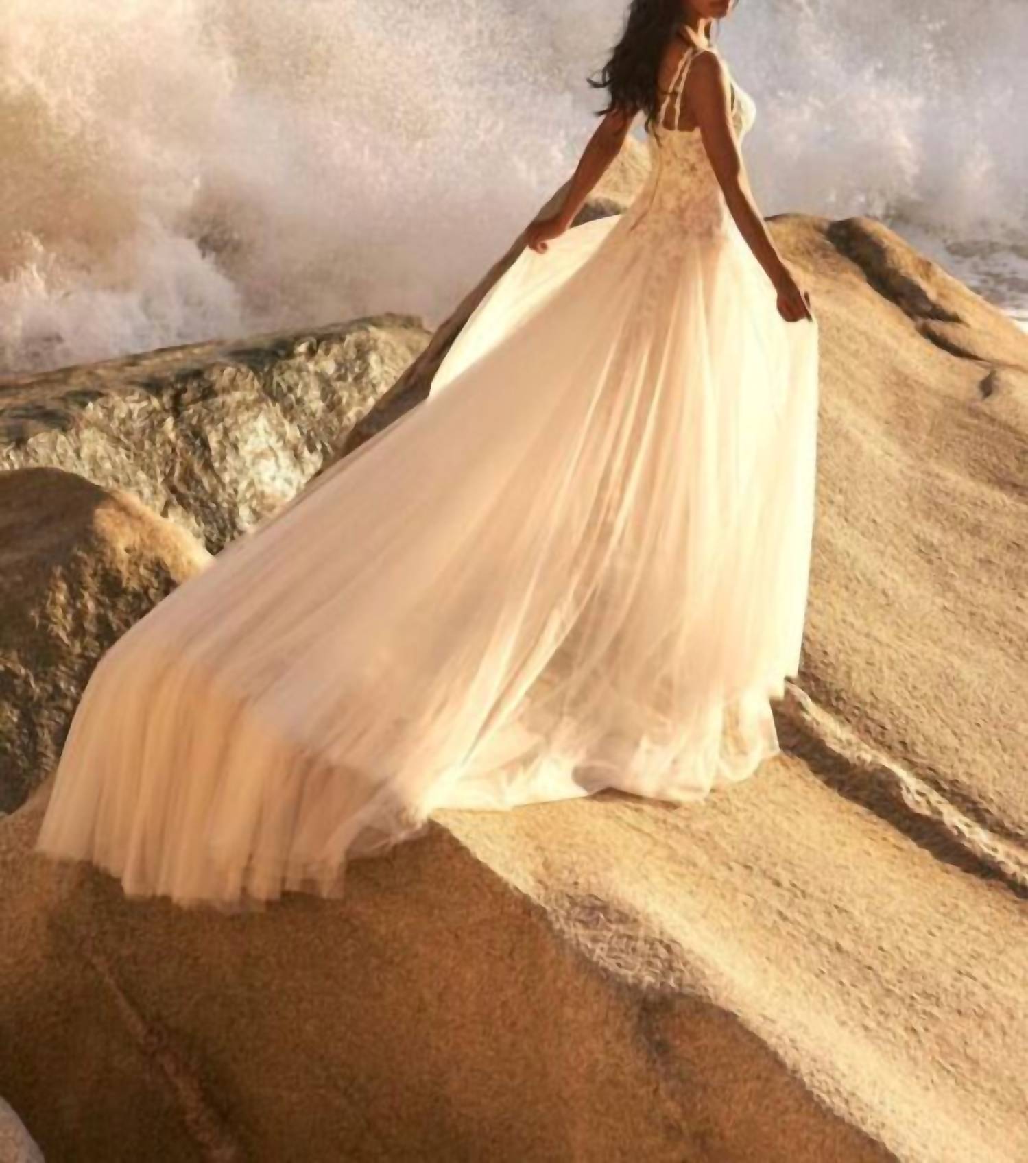 Sherri Hill Lace Bodice Multi Strap Wedding Dress in ivory nude - women's dress - detail view