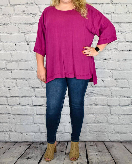 Umgee - Long Sleeve Side Slits Frayed Edge Tunic Top