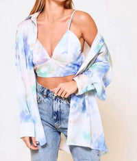 Ces Femme - Monica Tie Dye Print Boyfriend Satin Shirt and Matching Crop Top