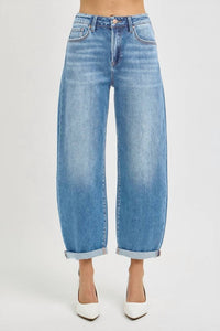 RISEN High Rise Crop Cuffed Barrel Jean in light blue - women's jeans