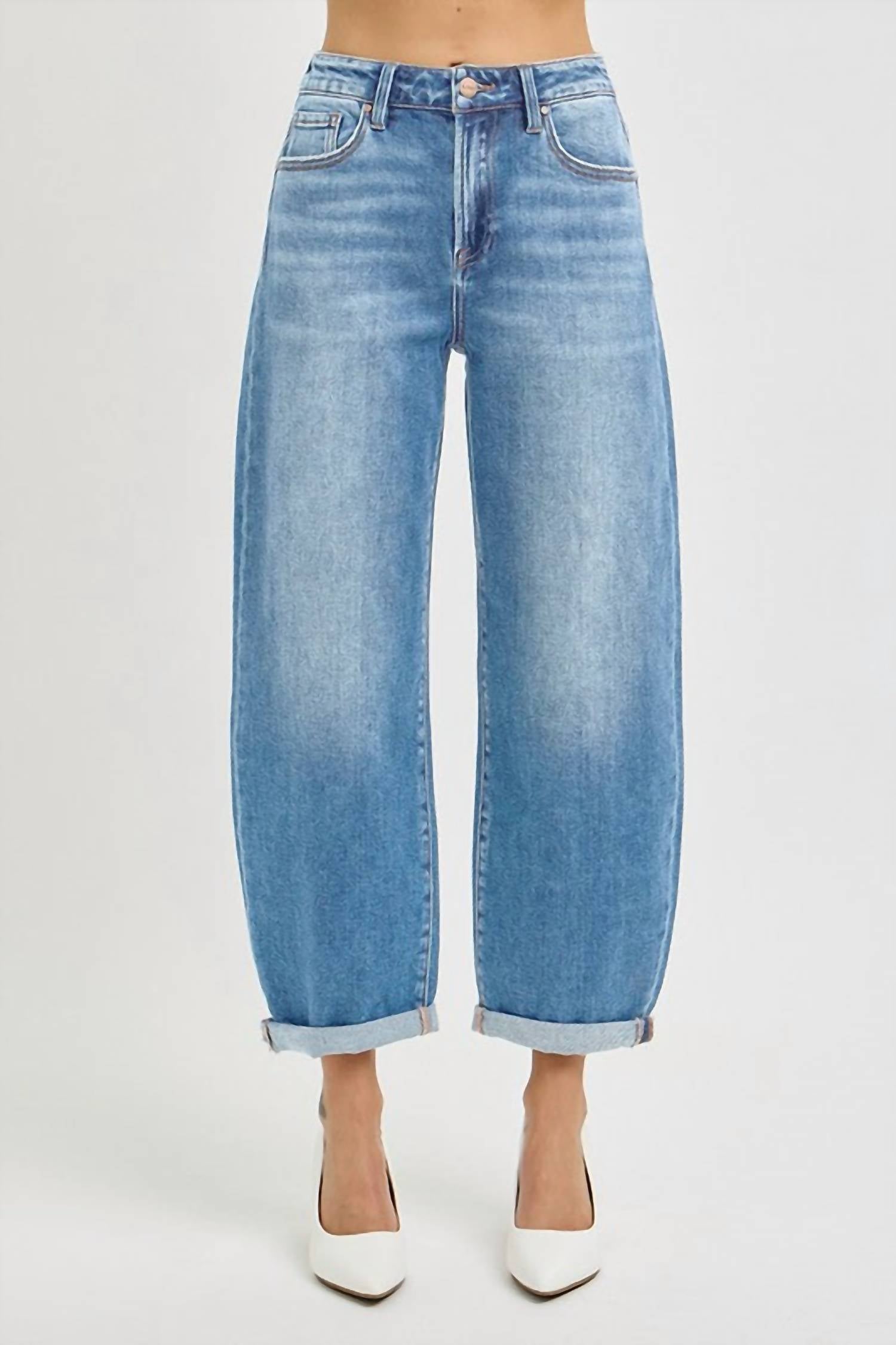 RISEN High Rise Crop Cuffed Barrel Jean in light blue - women's jeans