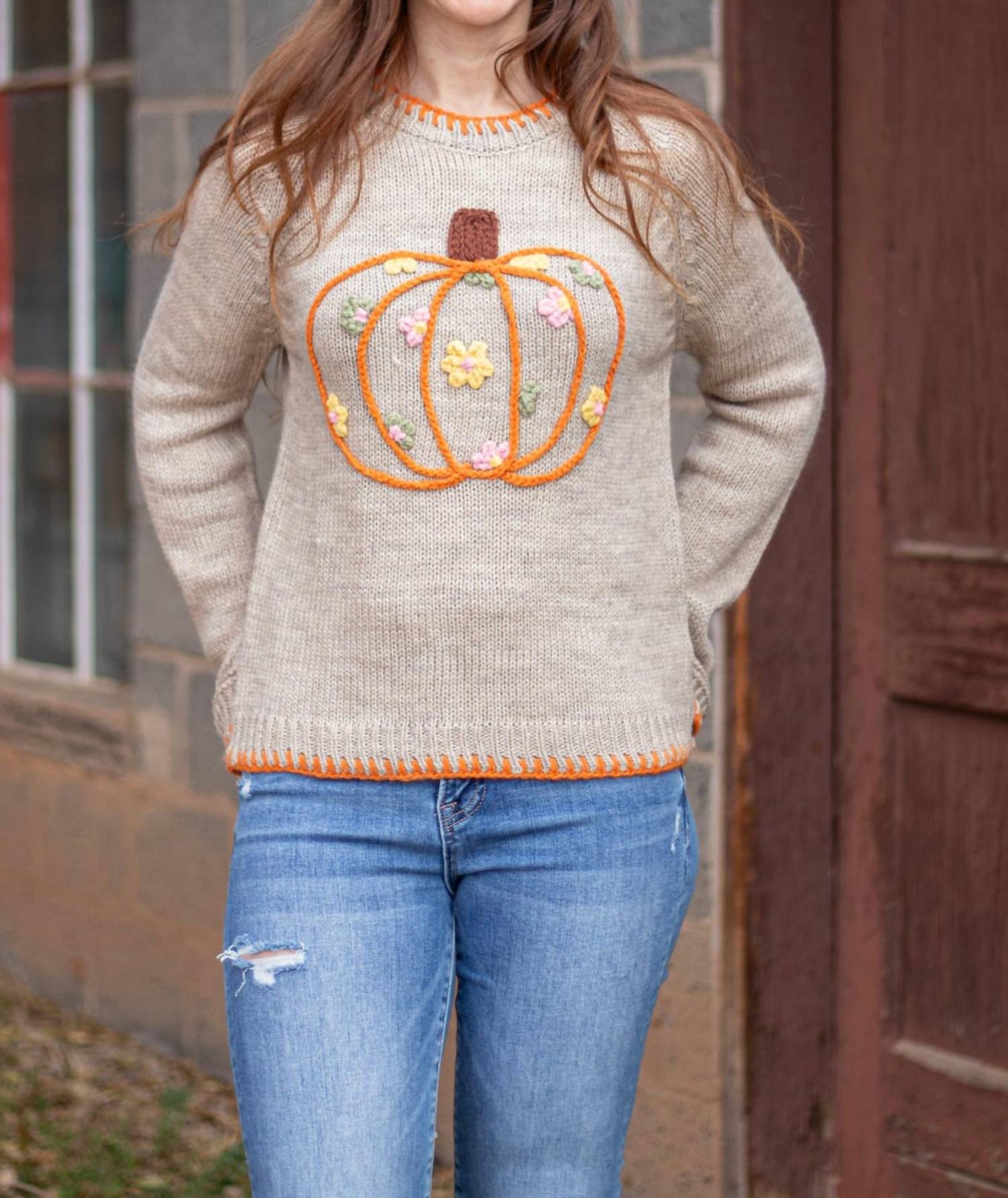 So Me Pumpkin and Floral Embroidered Sweater in beige - women's sweater - view 6