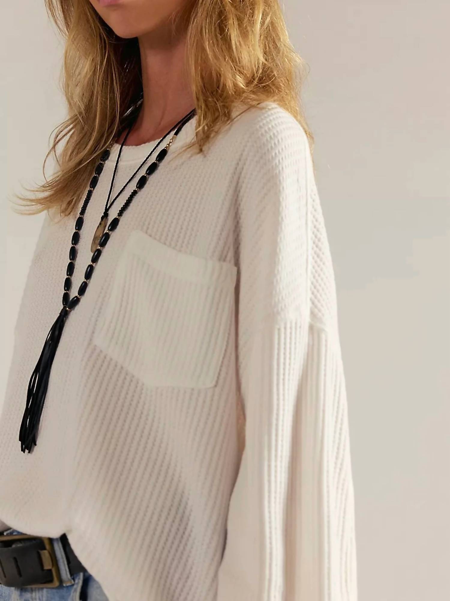 Free People Dawson Pocket Thermal Top in clean ivory - women's long sleeve top - detail view