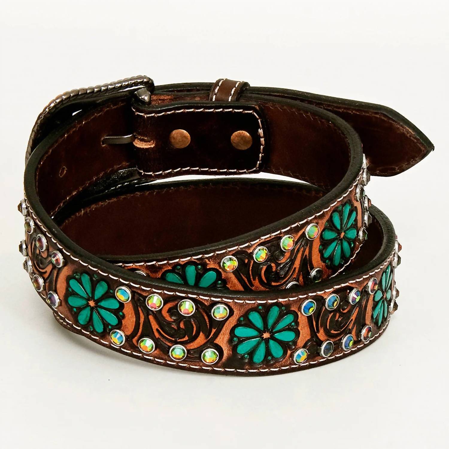 American Darling Women's Hand Carved Western Leather Belt in brown - women's accessory - detail view