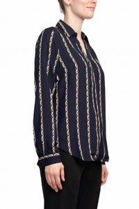 Joan Vass - Collared V-neck Back Yoke Printed Woven Top