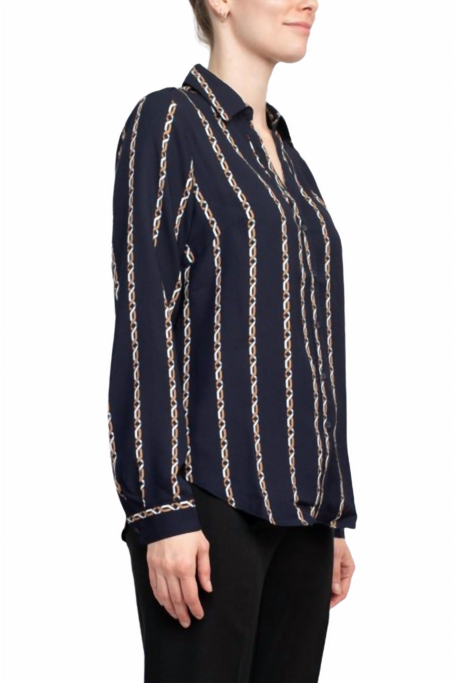 Joan Vass - Collared V-neck Back Yoke Printed Woven Top