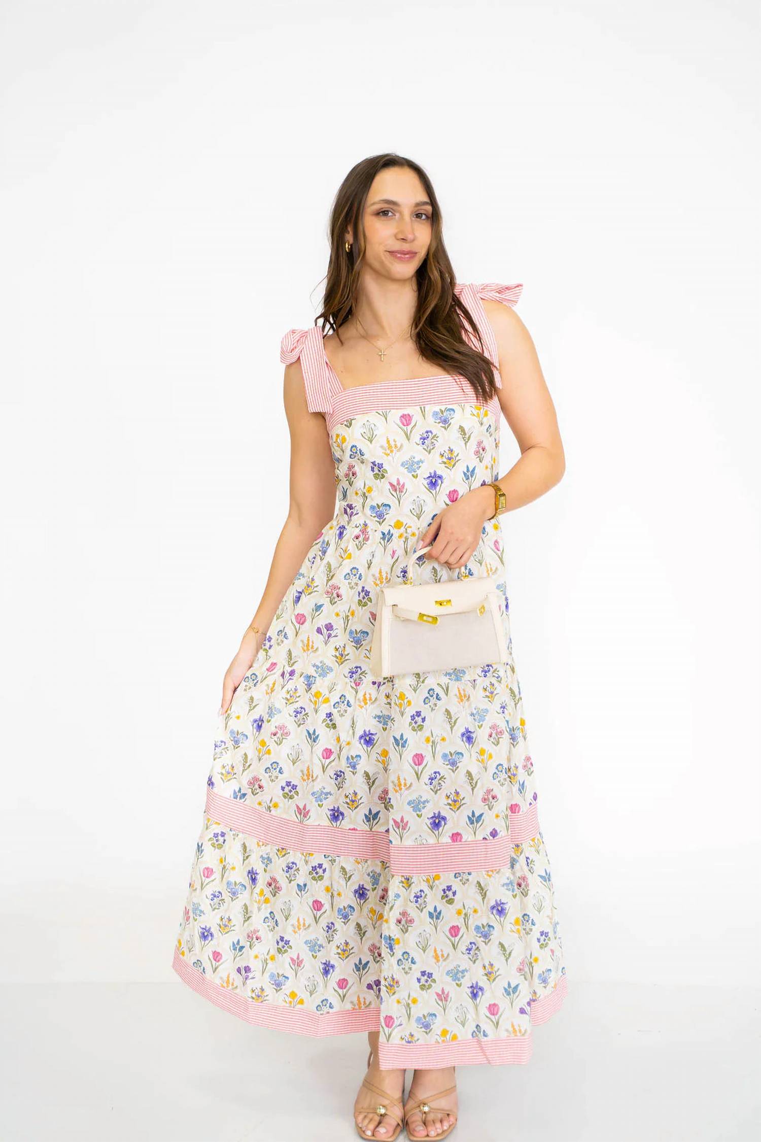Unishe - Floral Print Striped Detail Knot Straps Maxi Dress