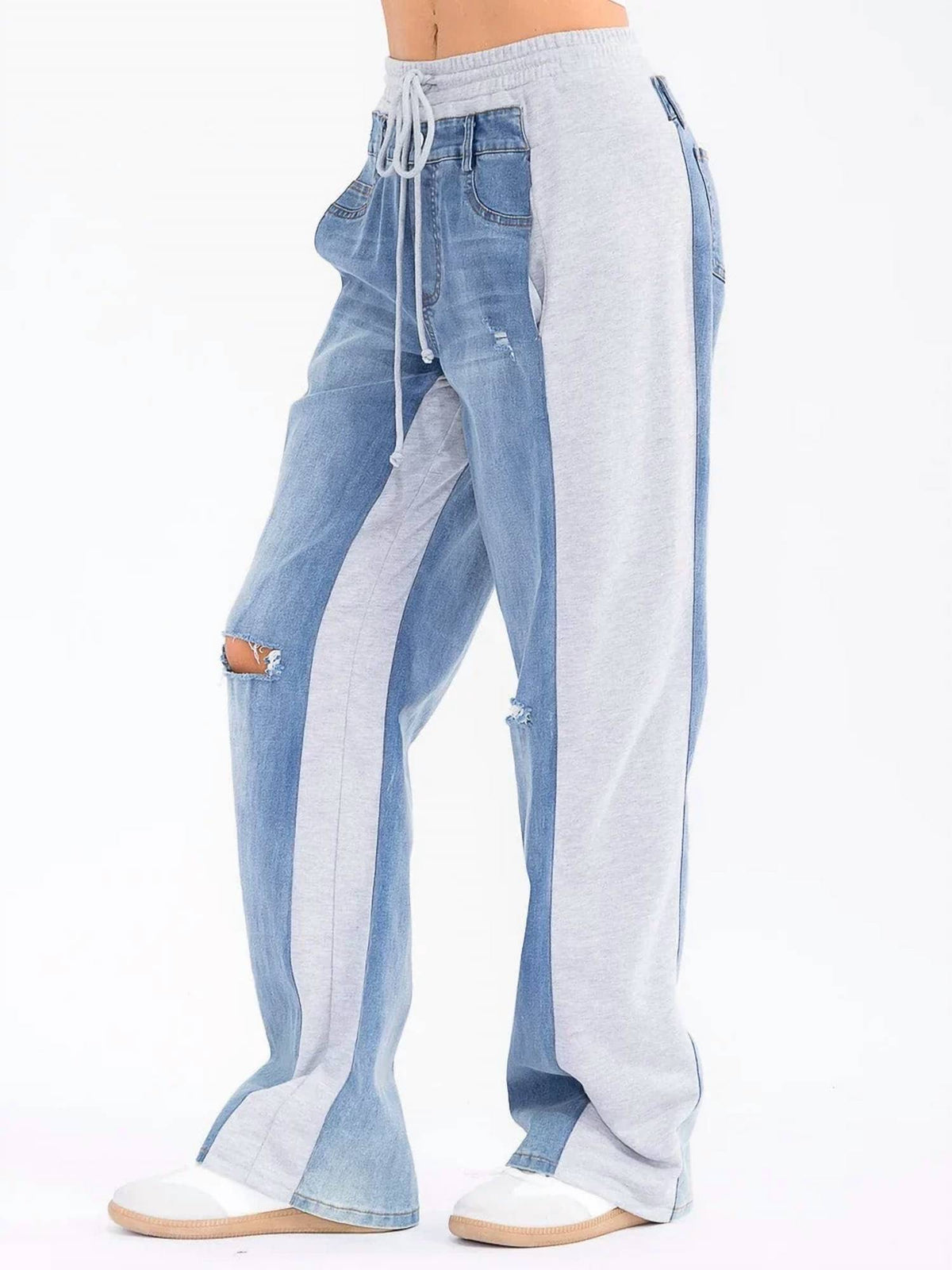 Surelymine - Colorblock Denim And Sweatpant Hybrid Wide-leg Pants