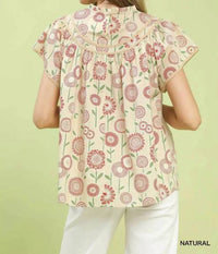 Umgee - Retro Floral Smocked Babydoll Blouse
