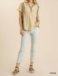 Umgee - Leopard Trim Waffle Knit Top