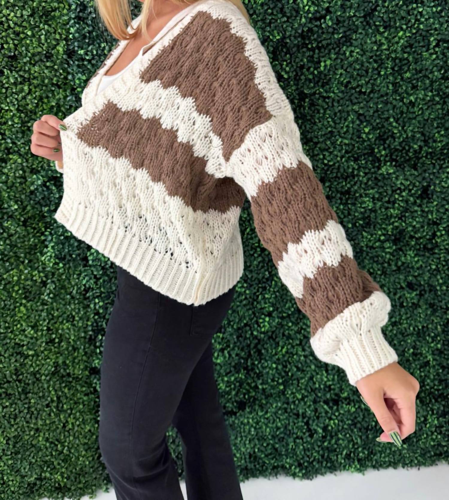 WISHLIST Textured Striped Sweater Cardigan in cream choco - women's cardigan - alternate view