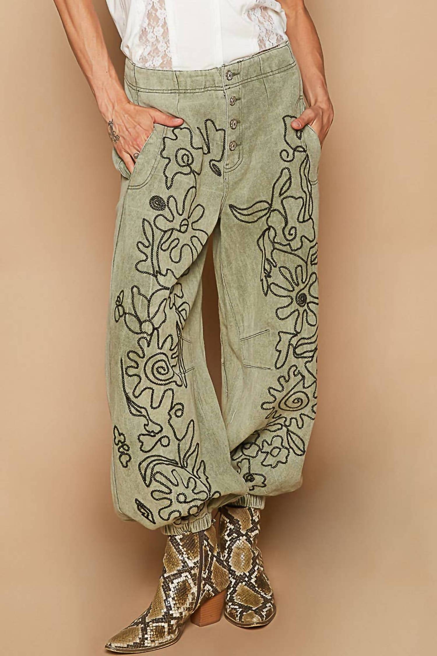Pol - Floral Embroidered Twill Pants