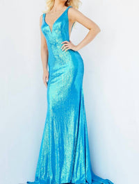 Jovani - Plunging Neckline Open V-back Dress