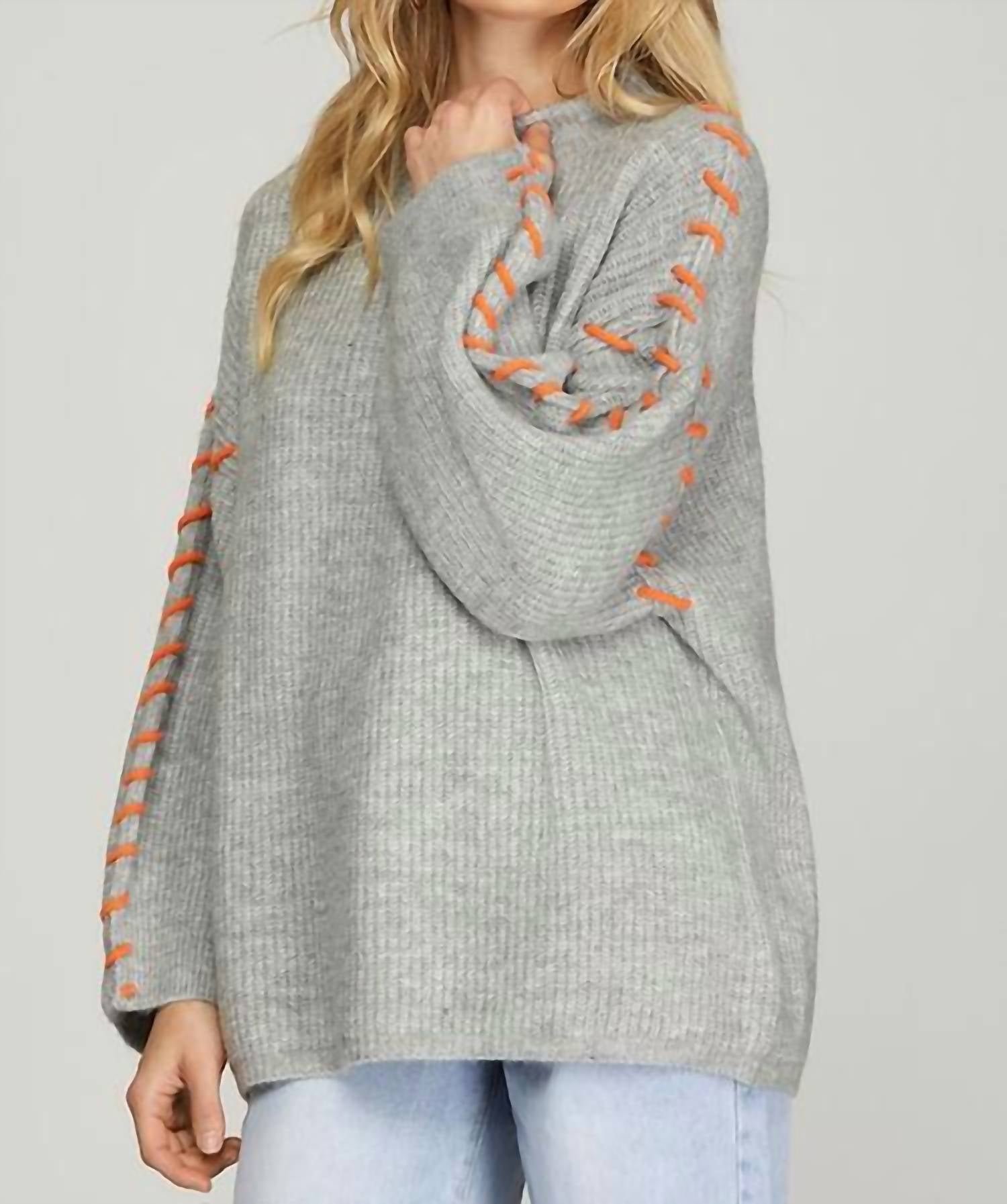 She + Sky - Long Sleeve Contrast Stitched Sweater