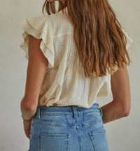 By Together - Woven Cotton Linen Button V-Neck Short Sleeve Top