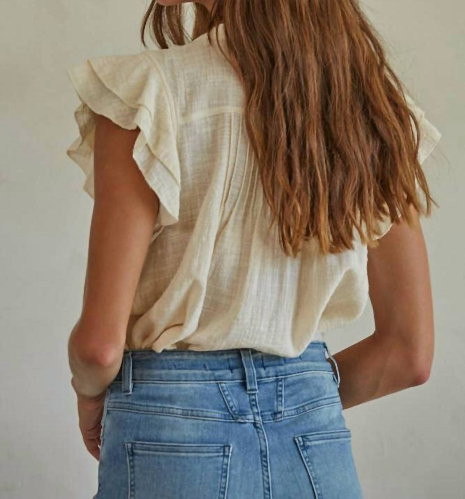 By Together - Woven Cotton Linen Button V-Neck Short Sleeve Top