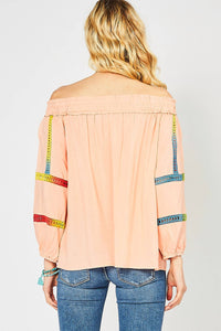 entro Off The Shoulder Crochet Top in peach - women's blouse - detail view