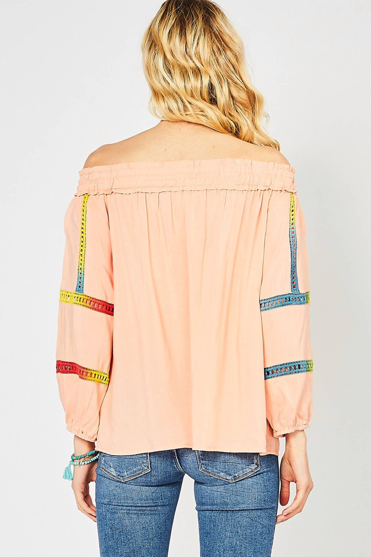 entro Off The Shoulder Crochet Top in peach - women's blouse - detail view