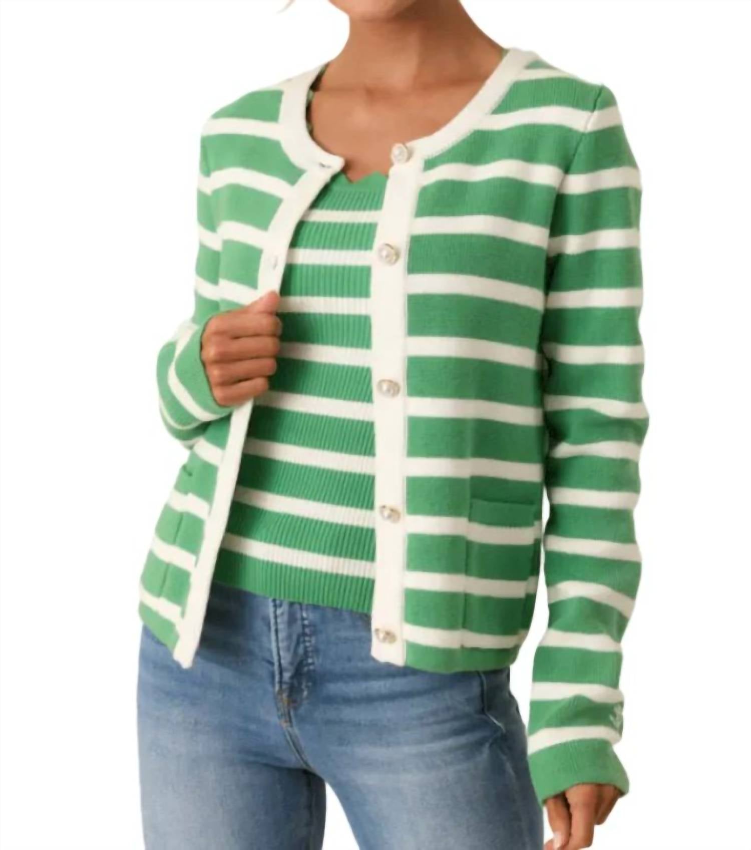 Prosperina Kennedy Cardigan in green tea stripe - women's cardigan