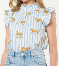 Thml - Ruffle Sleeve Striped Cheetah Top