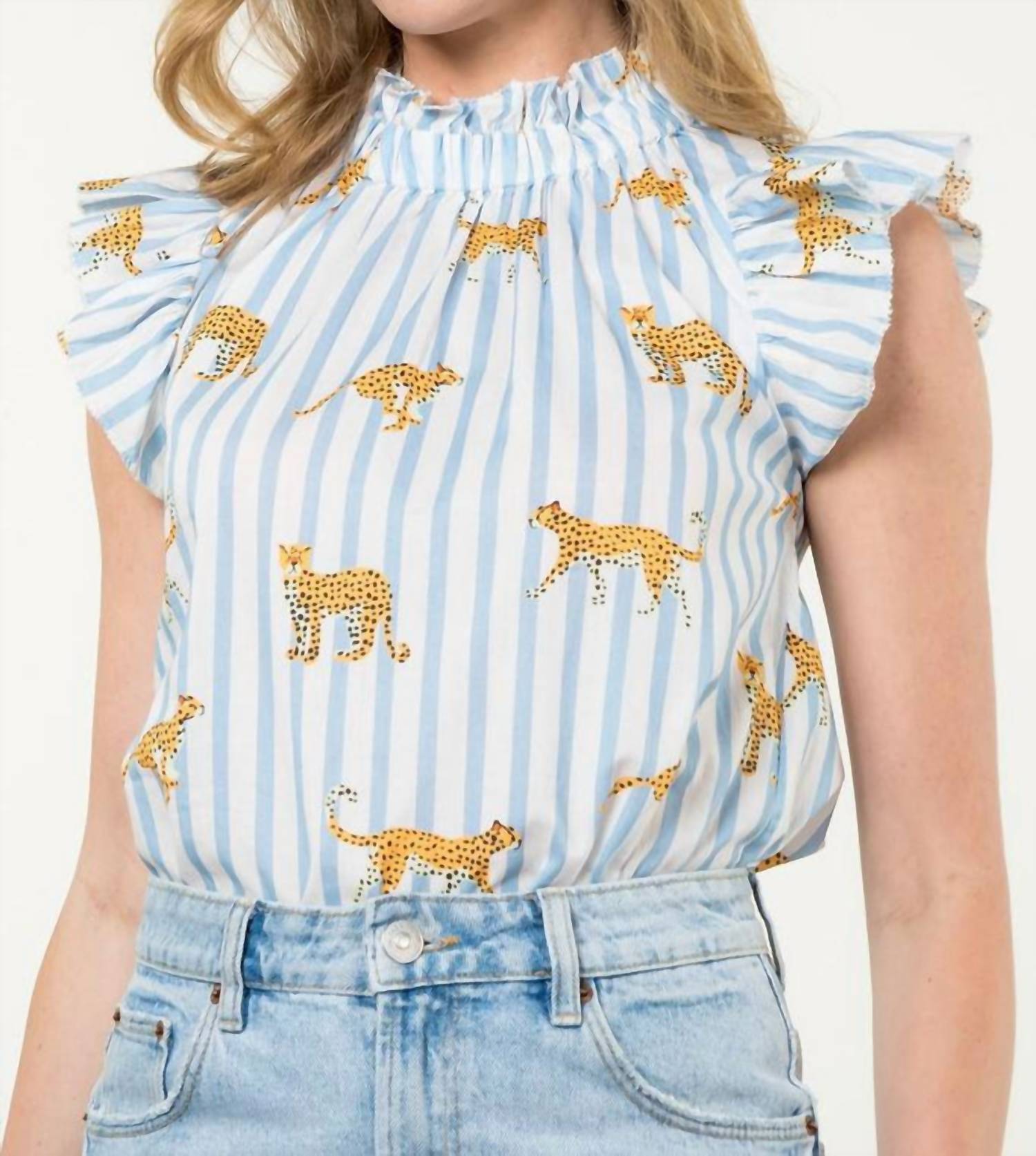 Thml - Ruffle Sleeve Striped Cheetah Top