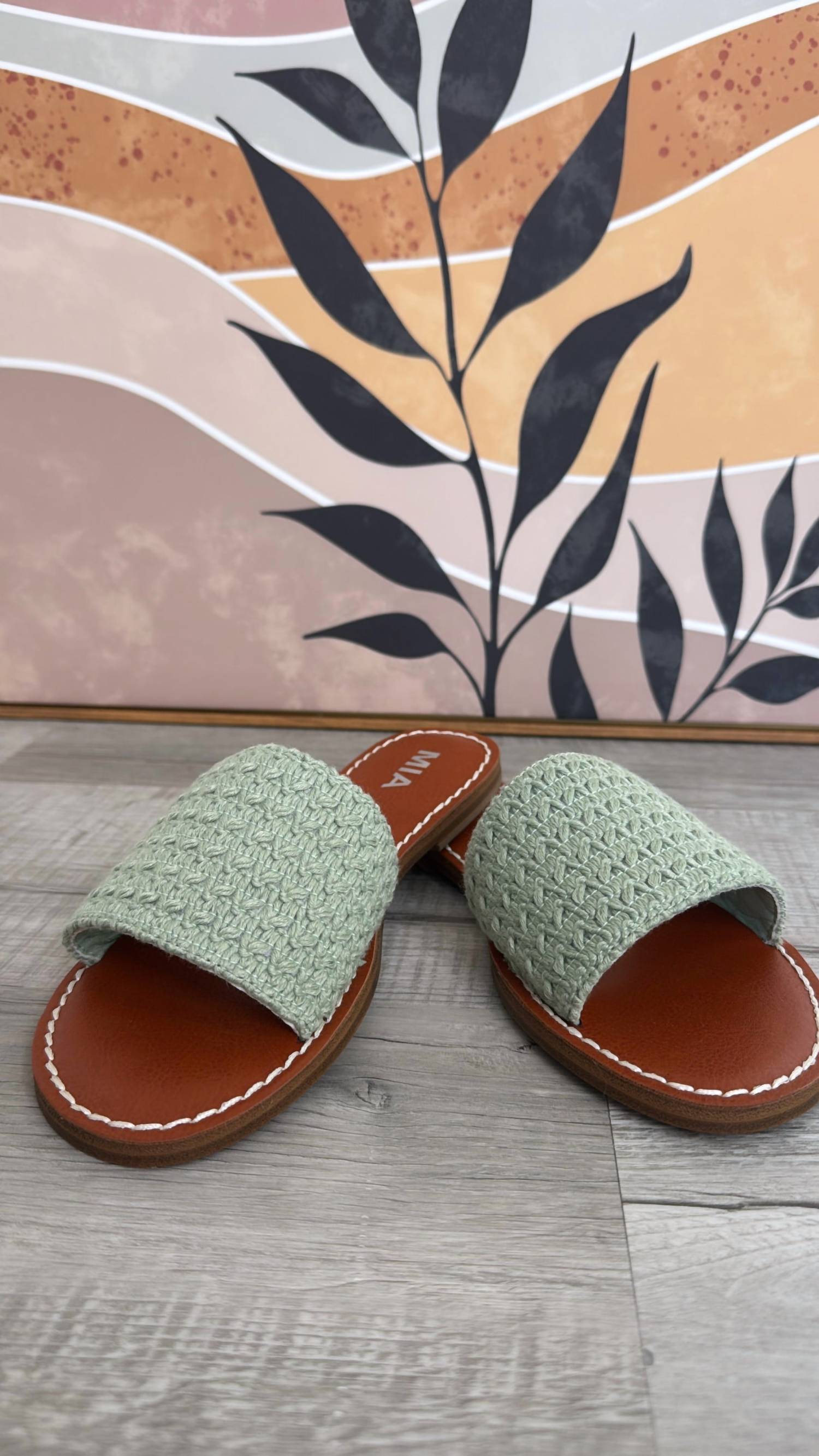 MIA Women's Crochet Slip On Sandal in sage - women's sandal - detail view